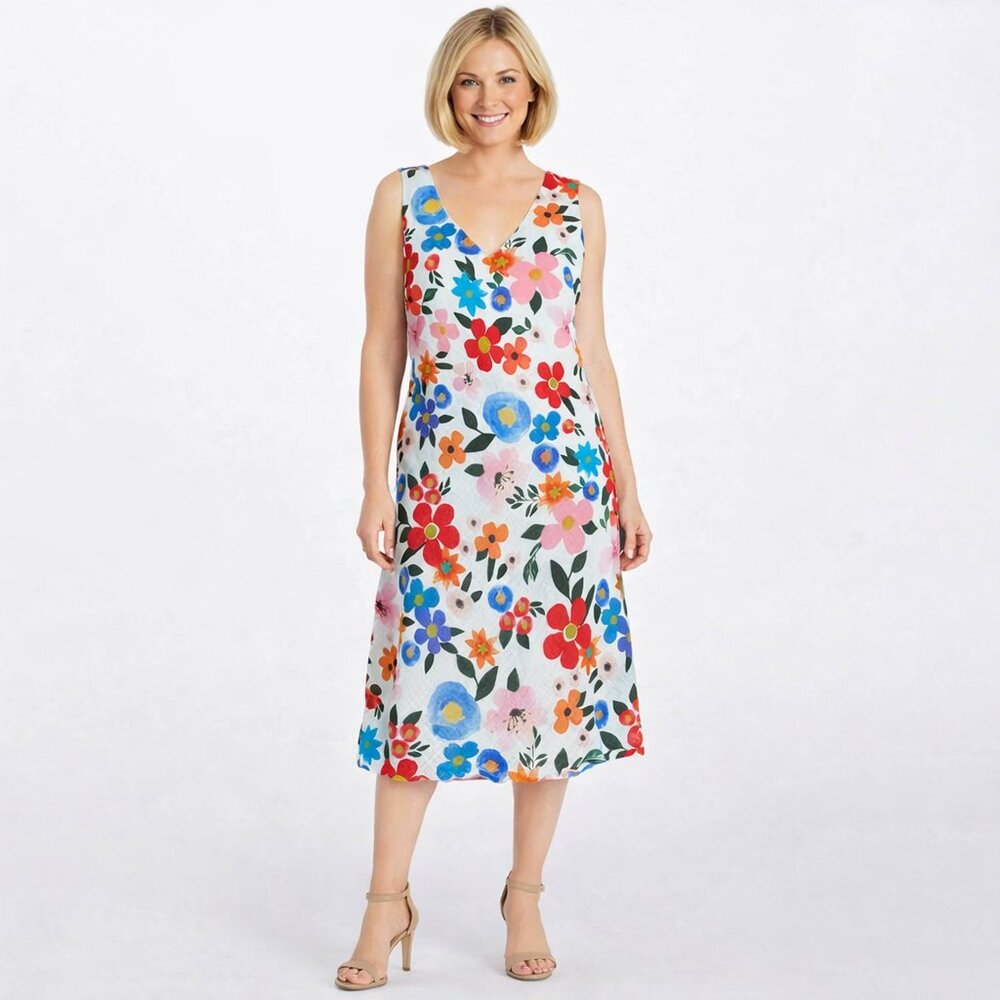 Charlie B Floral Summer Shift Dress Size XL Sleeveless V Neck Midi Big Flowers